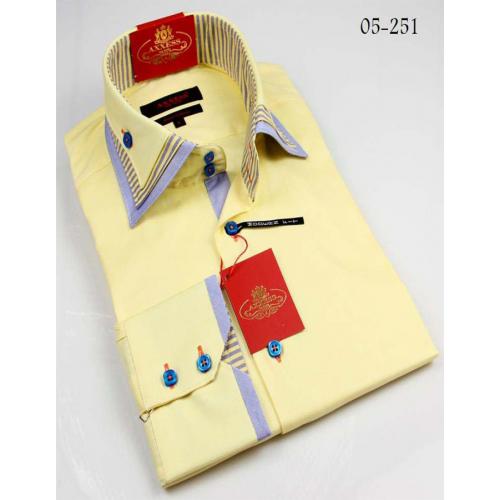 Axxess Yellow / Sky Blue Handpick Stitching Two Layer High Top Collar 100% Cotton Dress Shirt 05-251